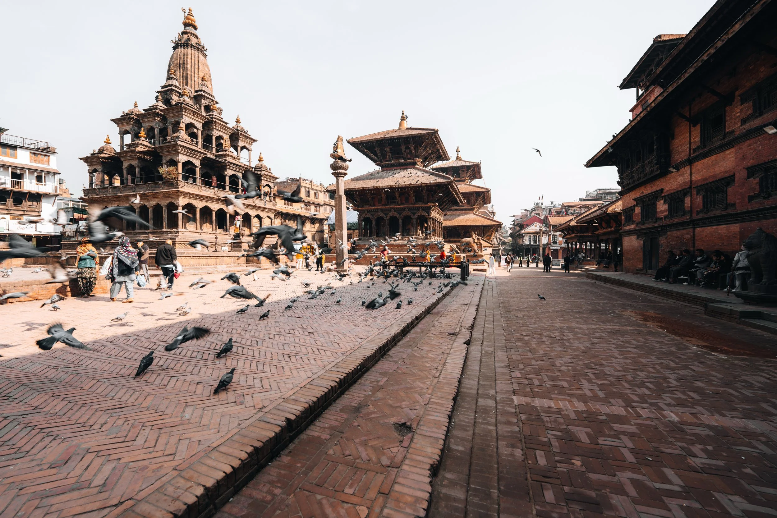 Temples newars et pigeons sur le Durbar Square de Patan dans la vallée de Katmandou