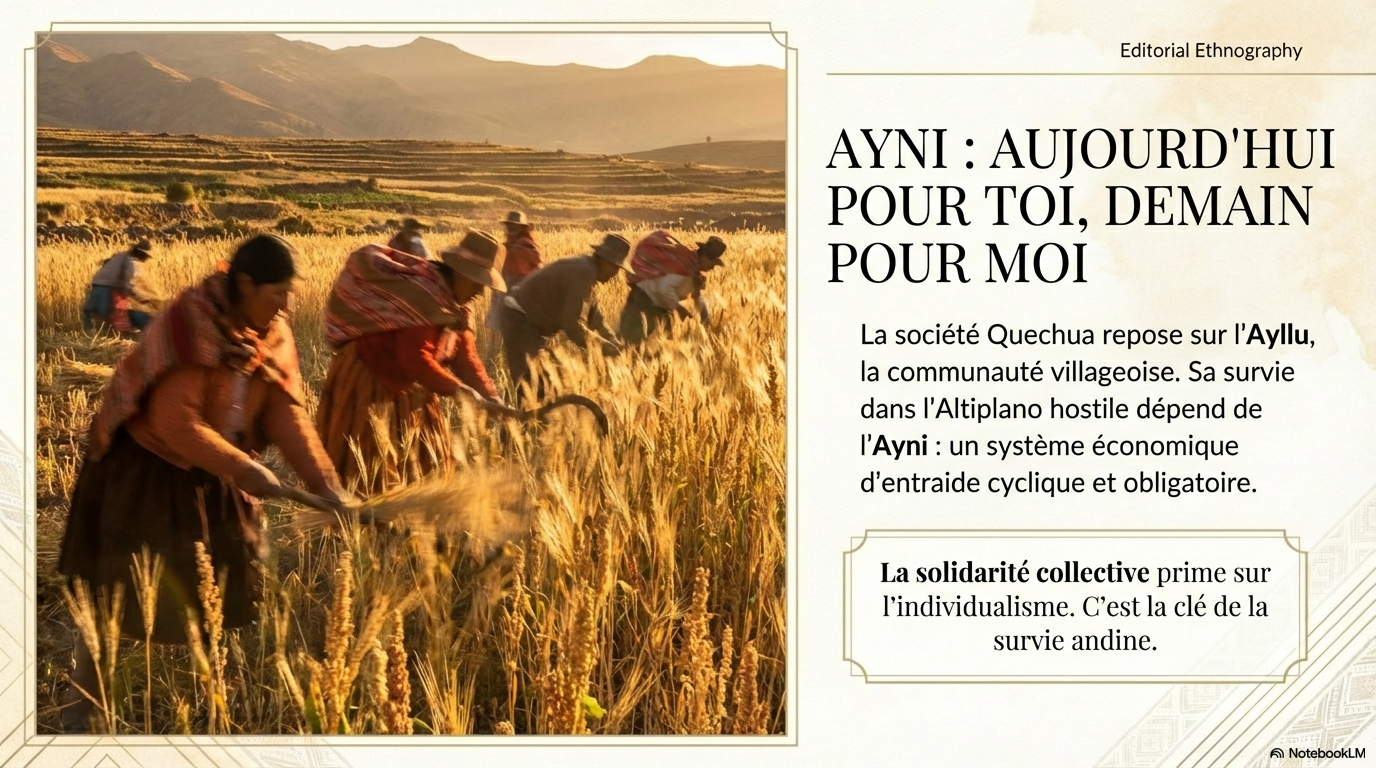 Infographie sur l'ayni, système d'entraide réciproque de la société quechua