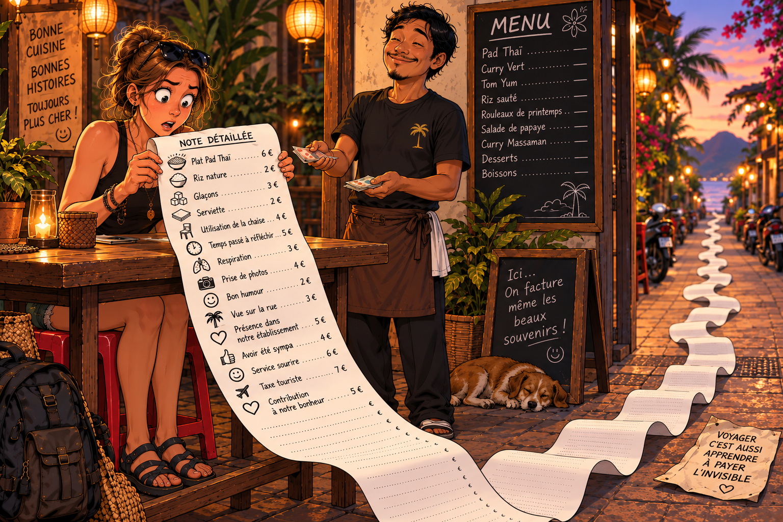 Illustration de l'addition gonflée au restaurant : une voyageuse déroule une note interminable qui facture même la serviette et la vue