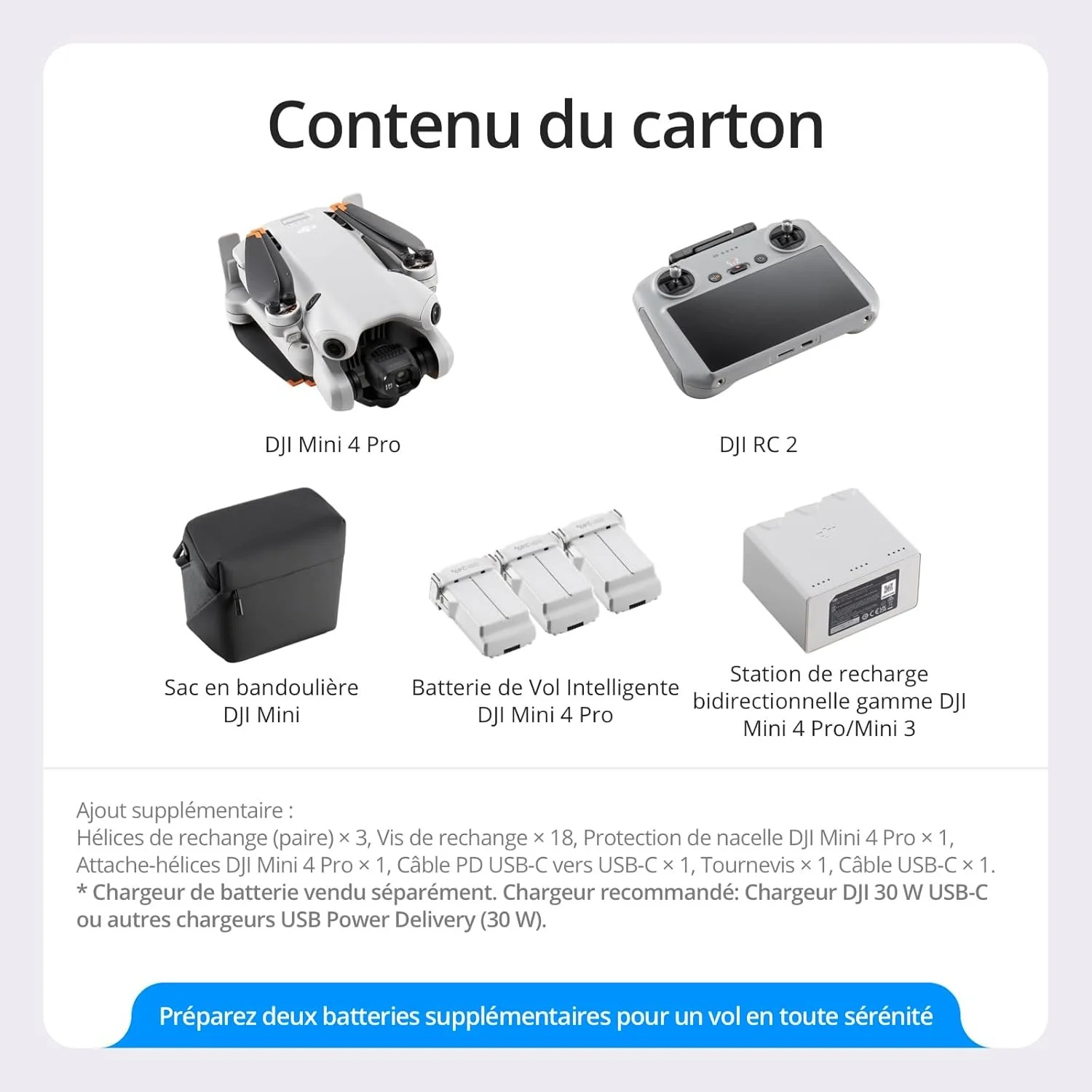 Contenu du pack DJI Mini 4 Pro : drone, radiocommande, batteries et sacoche