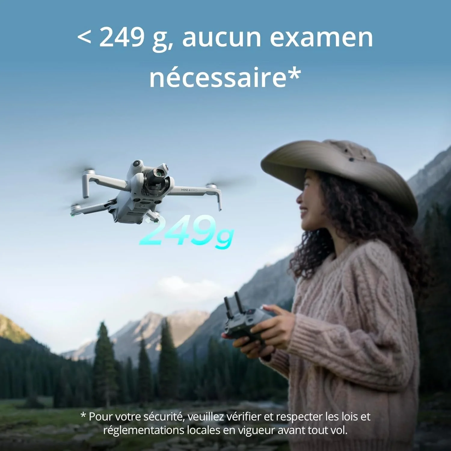 Drone DJI Mini 4 Pro de moins de 249 grammes piloté en pleine nature