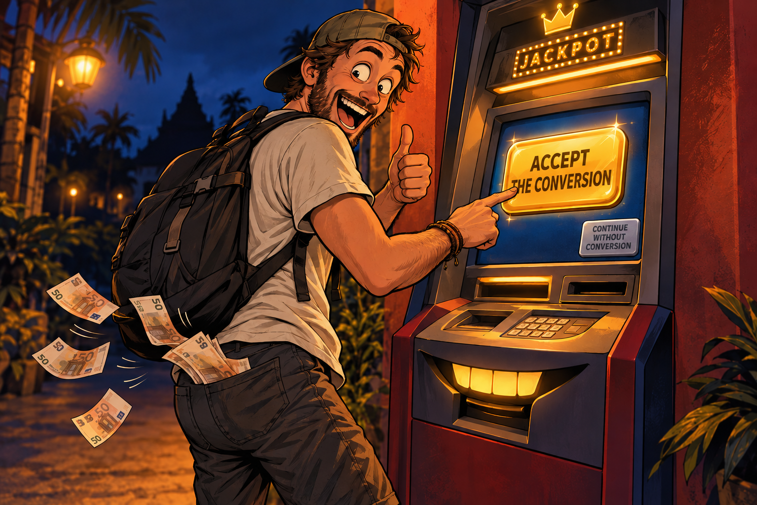 Illustration du piège de la conversion au distributeur : un voyageur appuie sur Accept the conversion, ses billets s'envolent
