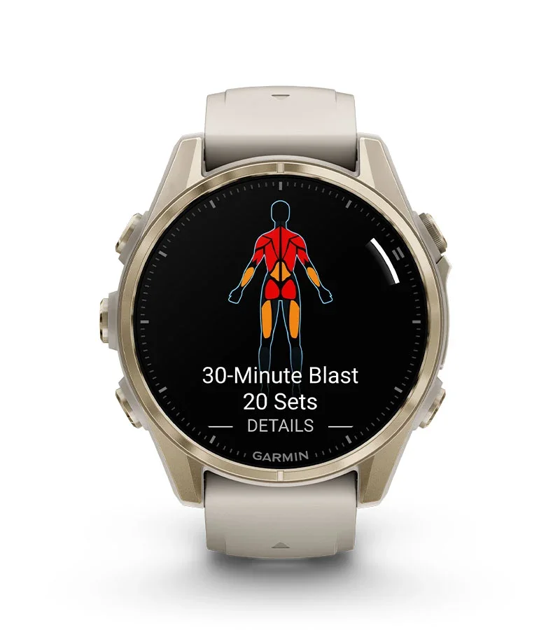 Écran de séance de musculation guidée sur une montre Garmin Fenix