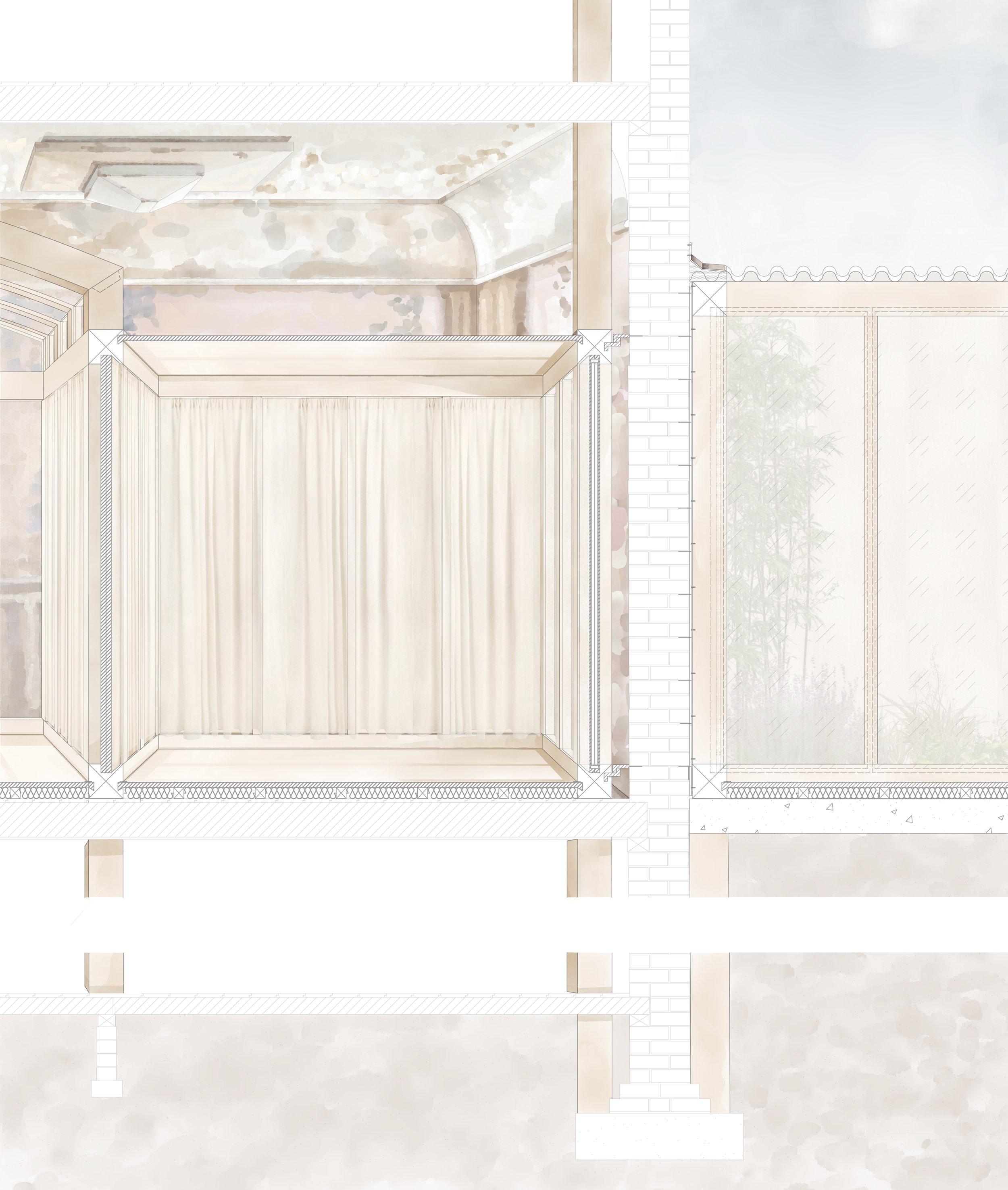 technical sectional elevation of proposed scheme inside elysium cinema, hand drawn on procreate