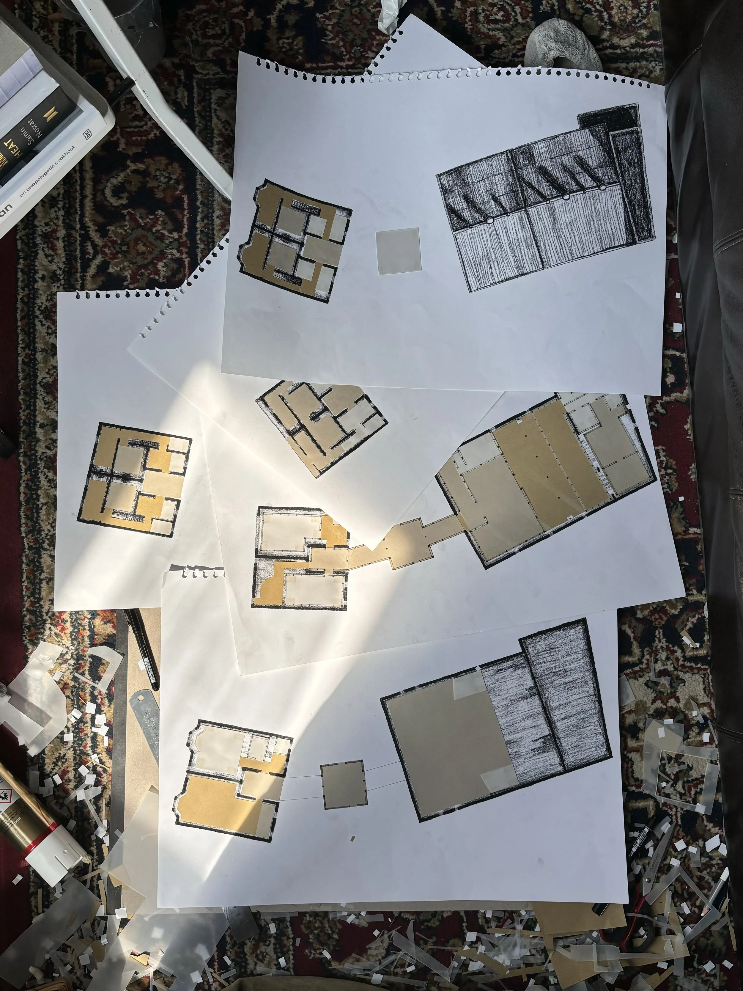plans of proposed scheme, charcoal and collage