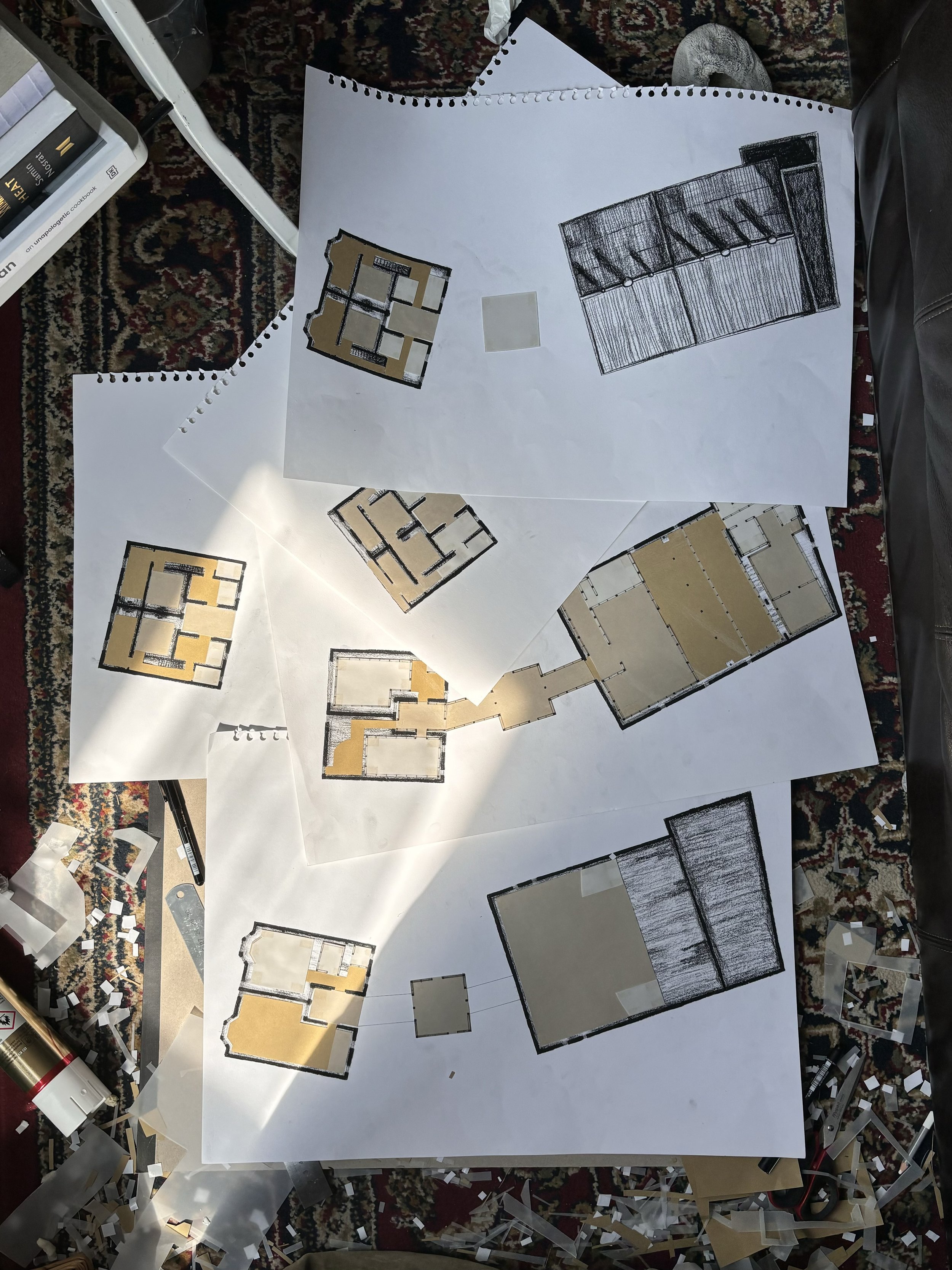 Proposed plans, charcoal and collage