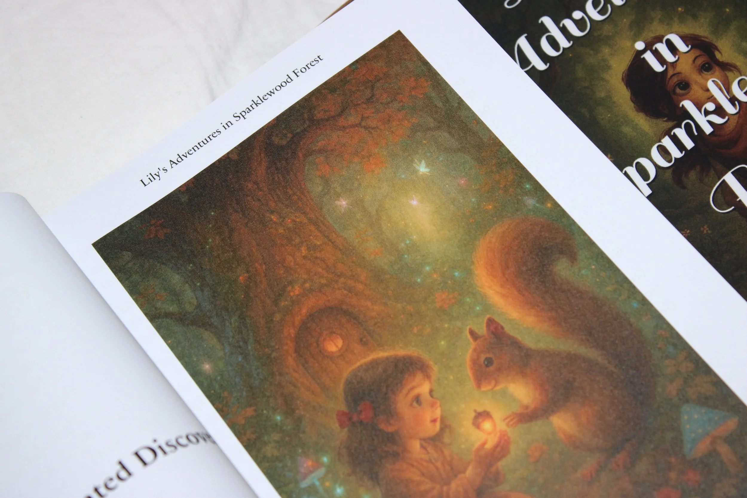 Illustration of a girl with a red bow in her hair holding a glowing object, looking at a squirrel in a mystical forest with swirling trees, glowing stars, and tiny fairies.