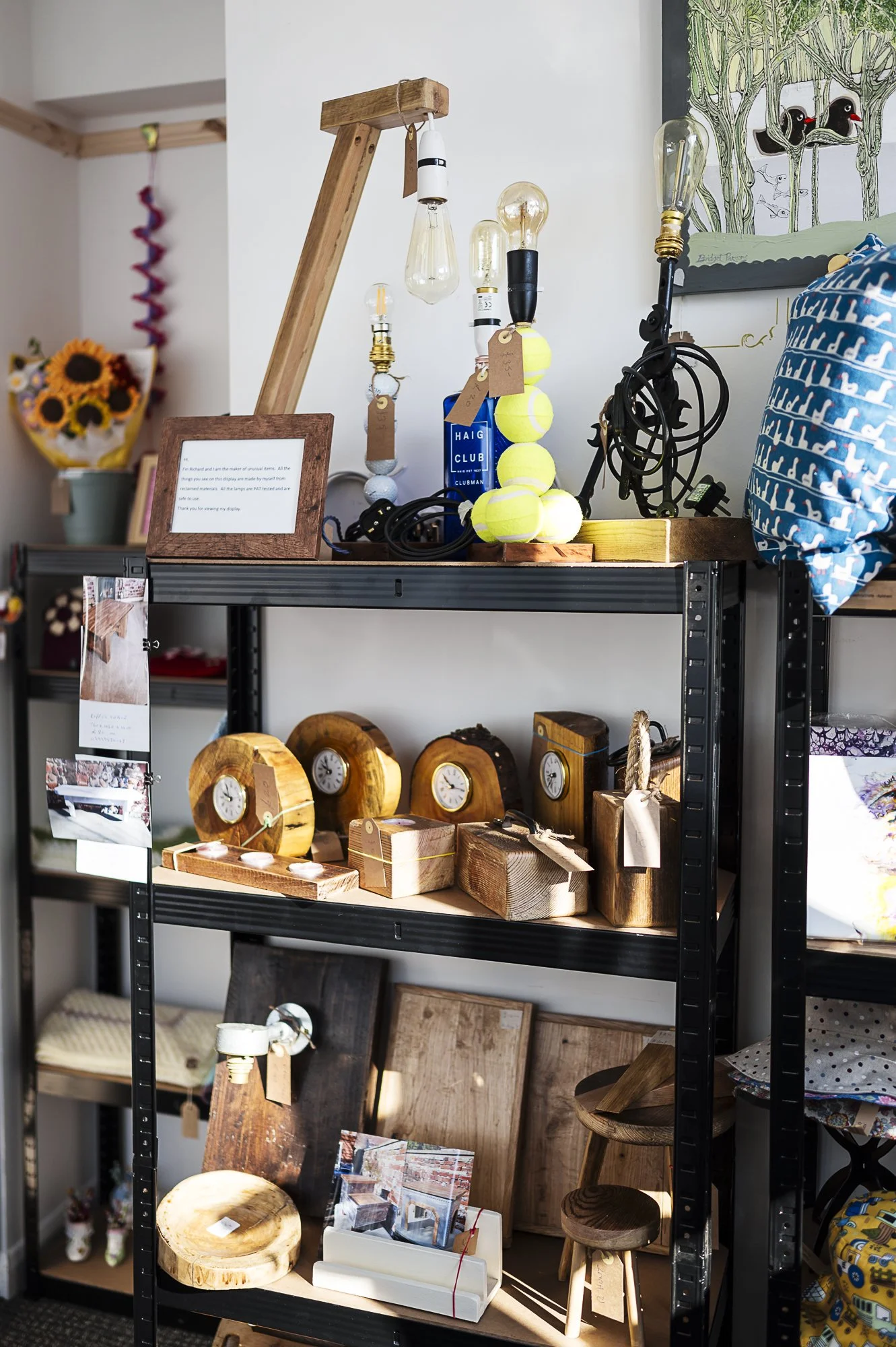 A display shelf containing handmade items