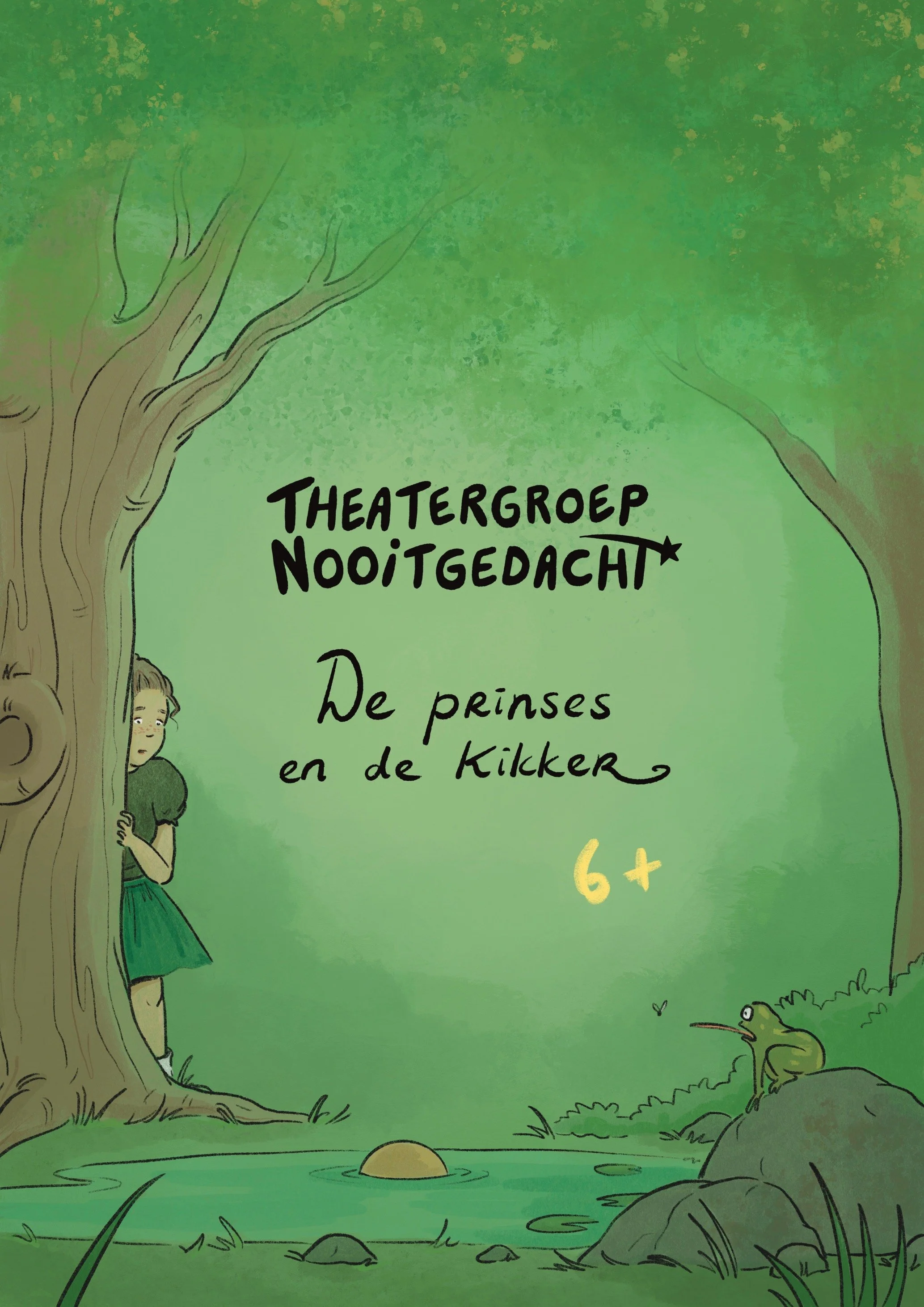 Cover of a children's playbook titled 'Theatergroep Nooitgedacht: De prinses en de kikker,' featuring an illustration of a princess peeking from behind a tree and a frog sitting on a rock near a small pond in a green forest.