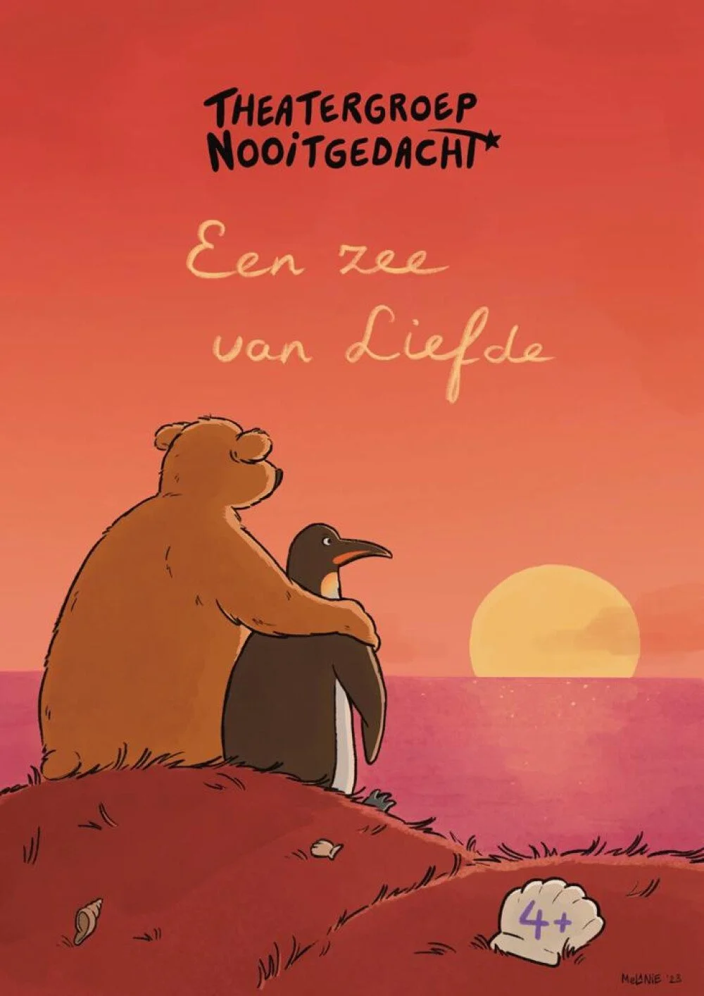 An illustrated book cover featuring a bear hugging a penguin on a hill at sunset with the title 'Een zee van Liefde' and the author 'Theatergroep NooitGedacht' at the top.
