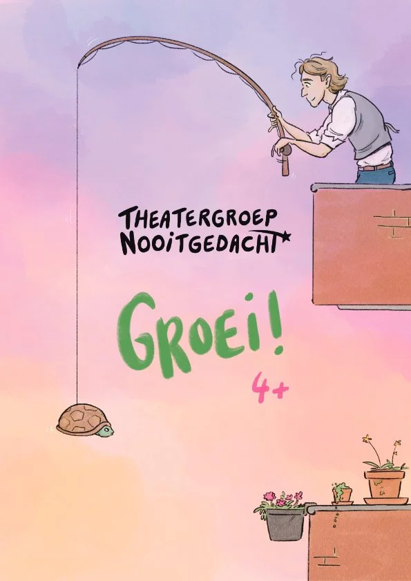 A cartoon man fishing off a balcony with a turtle on the line. The background has a pink and purple sky. There is text on the wall that says "Theatergroep Nooitgedacht Groei! 4+" and potted plants on the balcony.