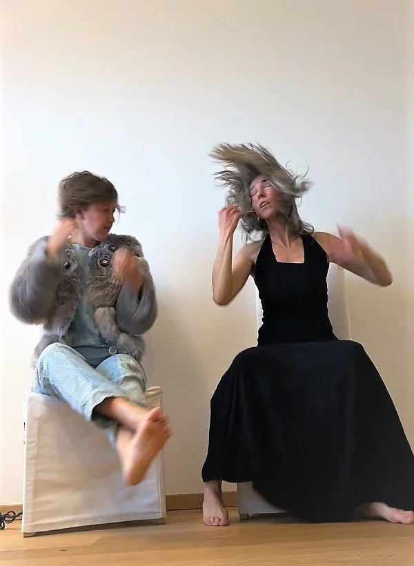 Marina Dessau and another performer exploring movement and perception in a performance experiment inspired by the question “What is it like to be a bat?