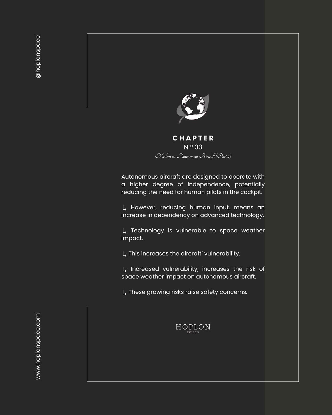 Autonomous aircraft are designed to operate with a higher degree of independence, potentially reducing the need for human pilots in the cockpit. 👩🏼&zwj;✈️🧑&zwj;✈️❌
 
↳ However, reducing human input, means an increase in dependency on advanced tech