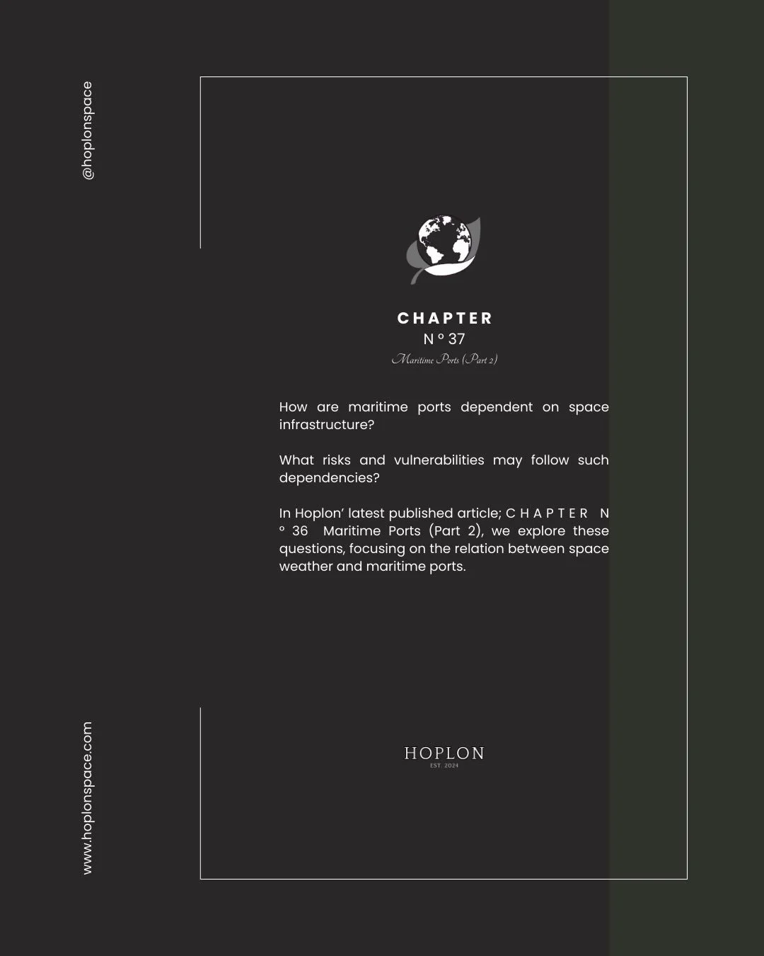 How are #maritime #ports dependent on #space #infrastructure 🛰️, and what risks and vulnerabilities may follow such dependencies?
 
In Hoplon&rsquo; latest published article; C H A P T E R  N &deg; 36  Maritime Ports (Part 2), we explore these quest