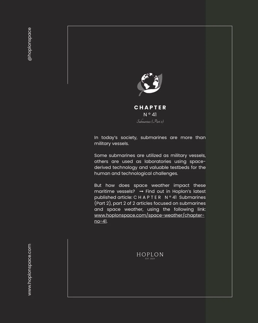 Dear member, 
 
In today&rsquo;s society, submarines are more than military vessels. ⚓️
 
Some submarines are utilized as military vessels, others are used as laboratories using space-derived technology and valuable testbeds for the human and technol