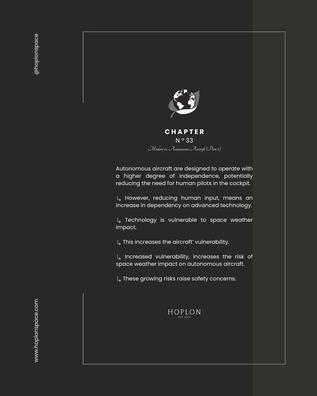Autonomous aircraft are designed to operate with a higher degree of independence, potentially reducing the need for human pilots in the cockpit. 👩🏼&zwj;✈️🧑&zwj;✈️❌
 
↳ However, reducing human input, means an increase in dependency on advanced tech