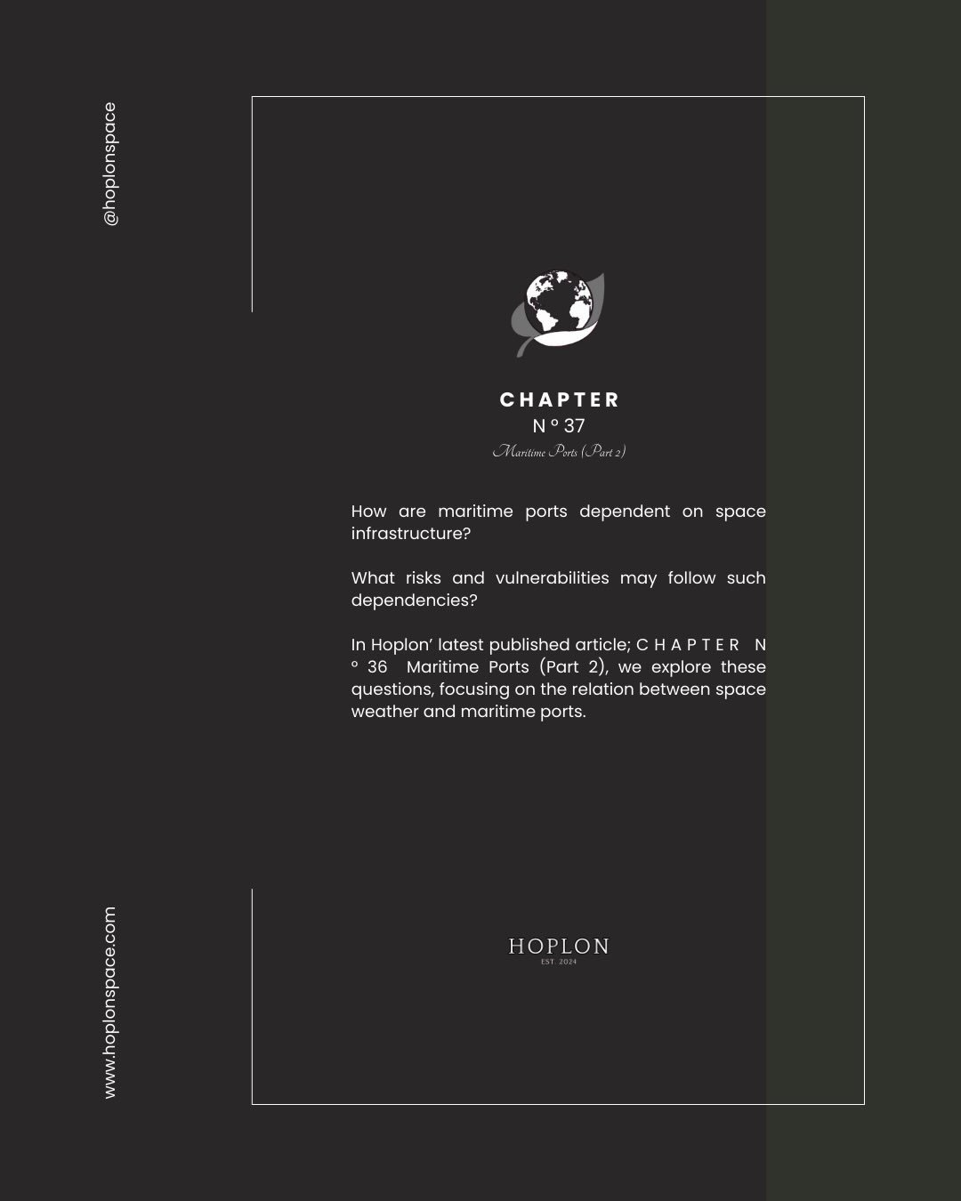 How are #maritime #ports dependent on #space #infrastructure 🛰️, and what risks and vulnerabilities may follow such dependencies?
 
In Hoplon&rsquo; latest published article; C H A P T E R  N &deg; 36  Maritime Ports (Part 2), we explore these quest
