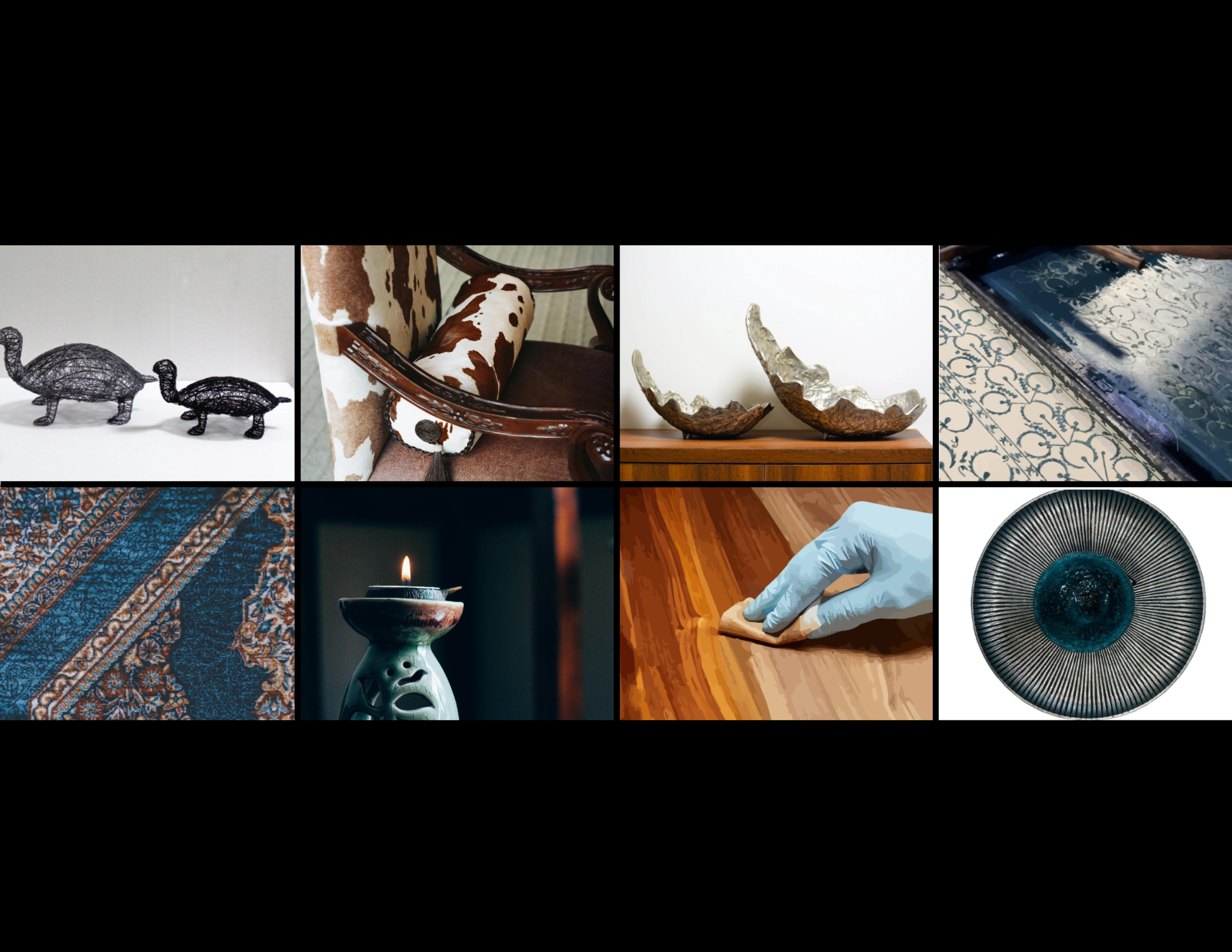 Collage of home decor items, including wire animal sculptures, a cowhide upholstered chair, decorative bowls, a patterned rug, a lit candle on a ceramic holder, a gloved hand handling pottery, and a decorative plate.