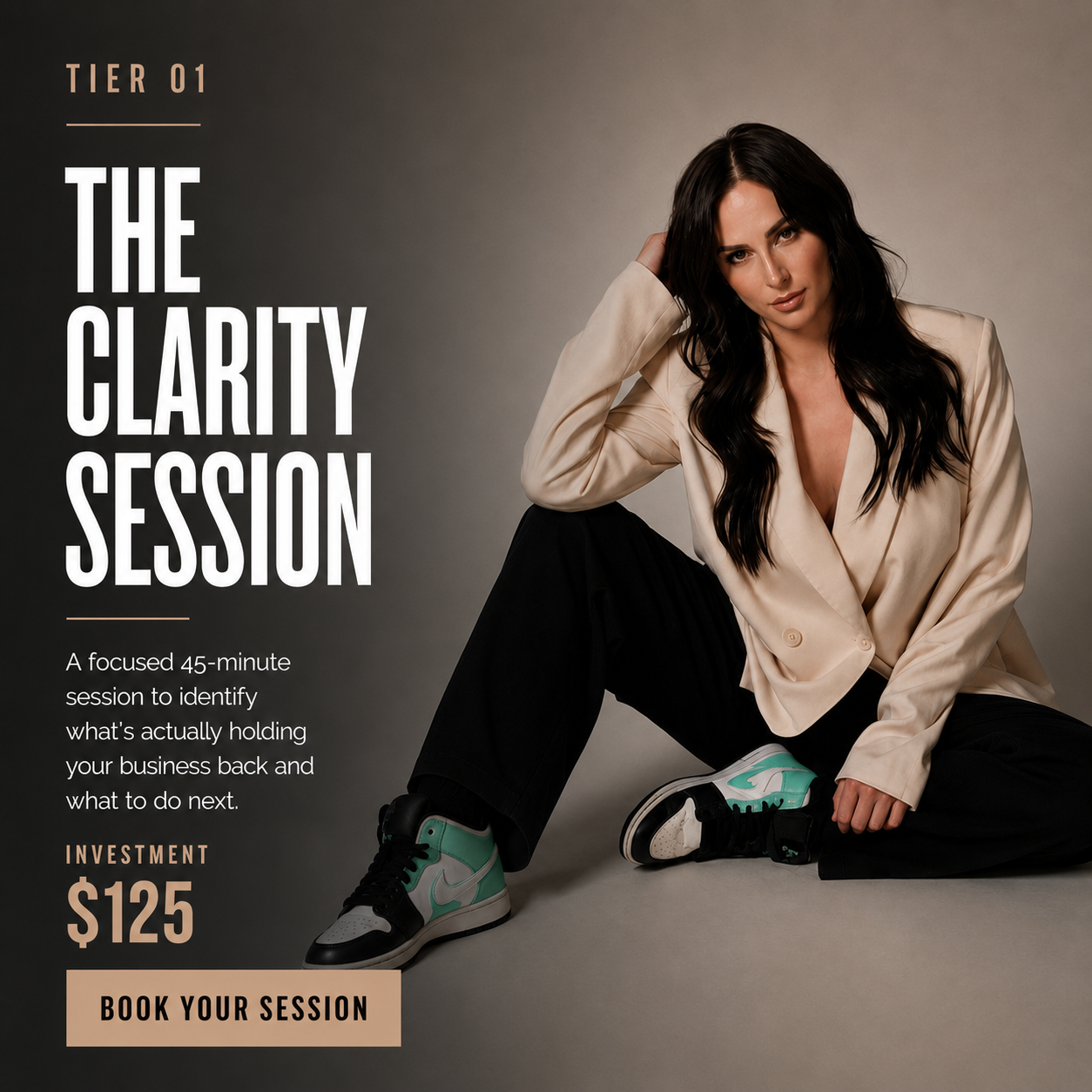 Beauty business mentor Justine Dreger in a cream blazer and Air Jordans, seated in a minimal studio — featured image for The Clarity Session, a 45-minute strategy session for beauty professionals.
