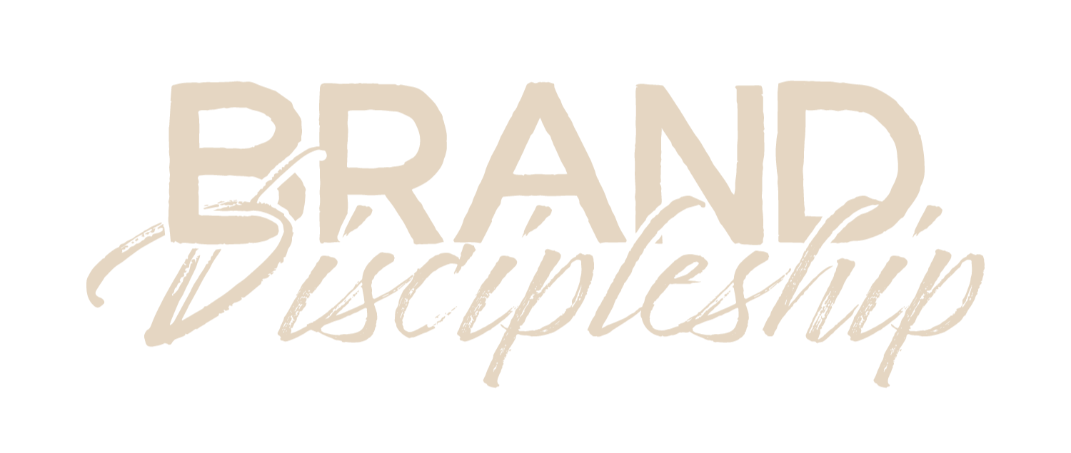 Text that reads 'Brand, Discipleship' in a black and beige color scheme with stylized fonts.