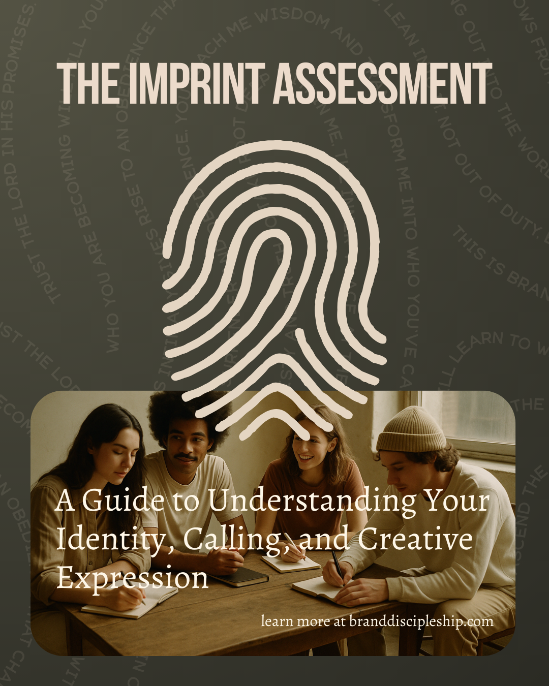 A promotional image for the Imprint Assessment featuring a group of four young adults sitting at a table with notebooks, engaged in discussion, with a large fingerprint illustration and the title 'The Imprint Assessment' and subtitle 'A Guide to Understanding Your Identity, Calling, and Creative Expression'.