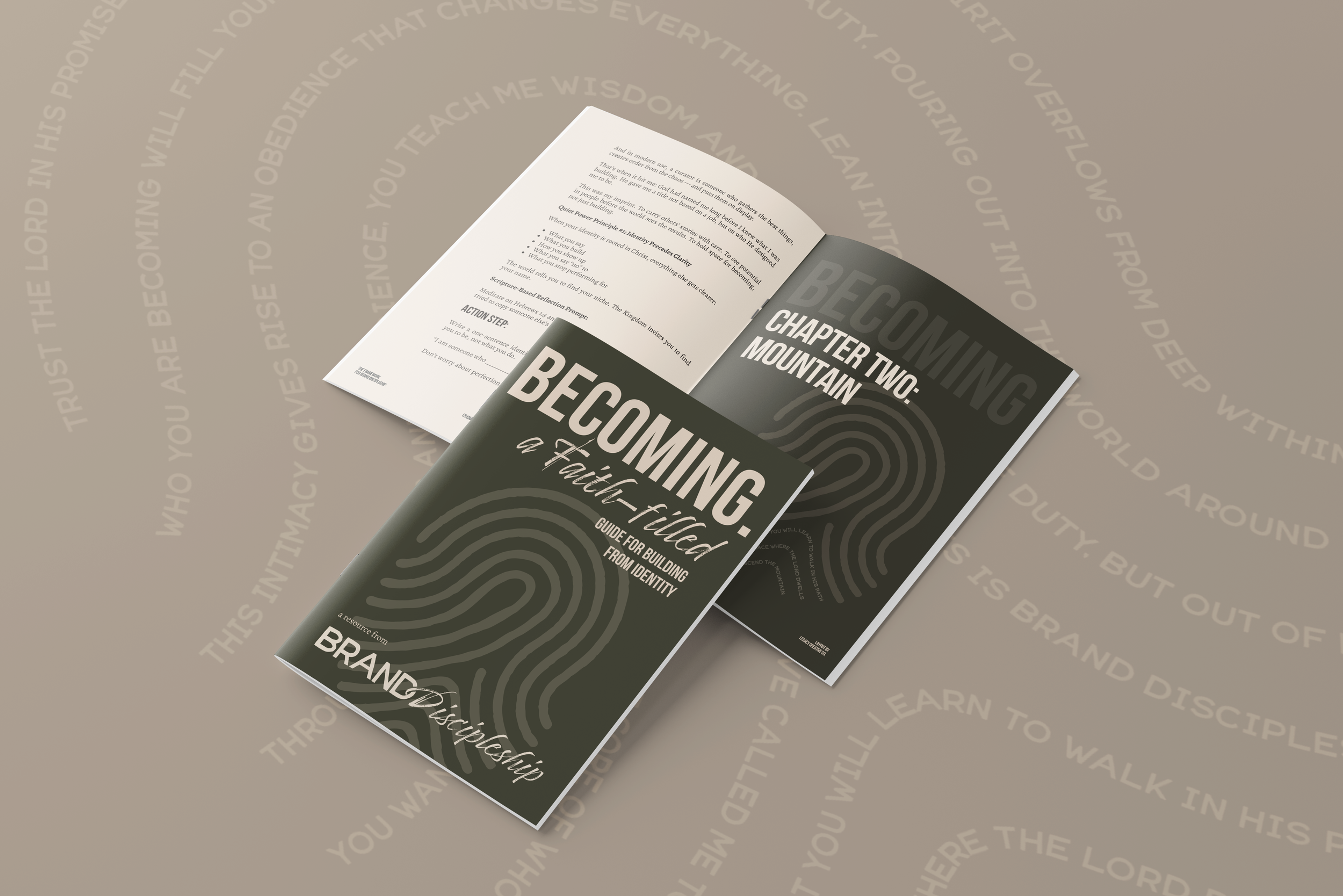 Open book and pamphlet titled 'Becoming: a Faith-filled Guide for Building from Identity,' with chapter two titled 'Mountain.'