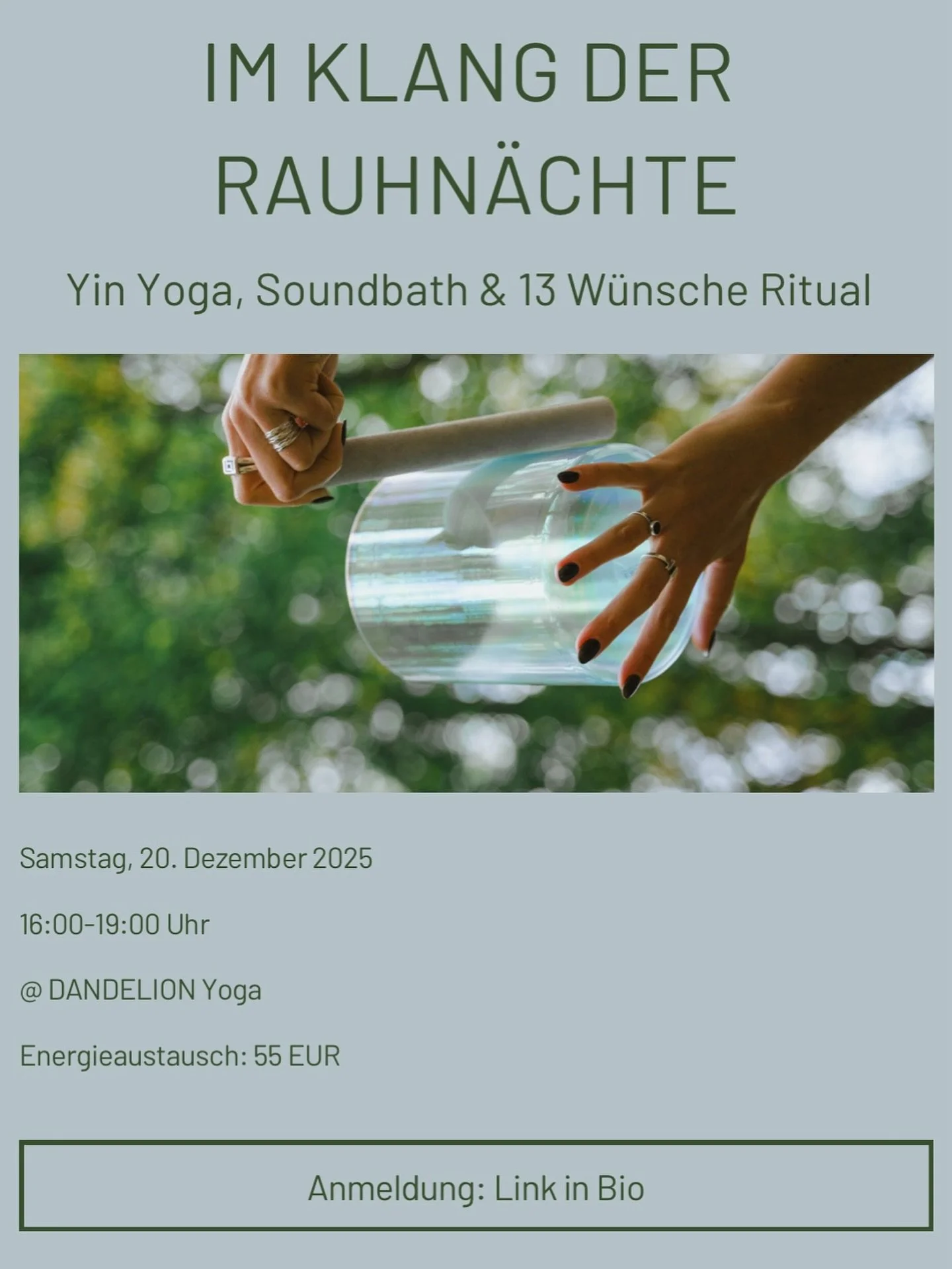 Zum Abschluss des Jahres findet am Samstag, 20. Dezember 2025 ein Rauhn&auml;chte Special im @yogastudio_dandelion_augsburg statt. 

Freue dich auf sanftes Yin Yoga, das gemeinsame Gestalten deines 13. W&uuml;nsche Rituals, um das alte Jahr abzuschli