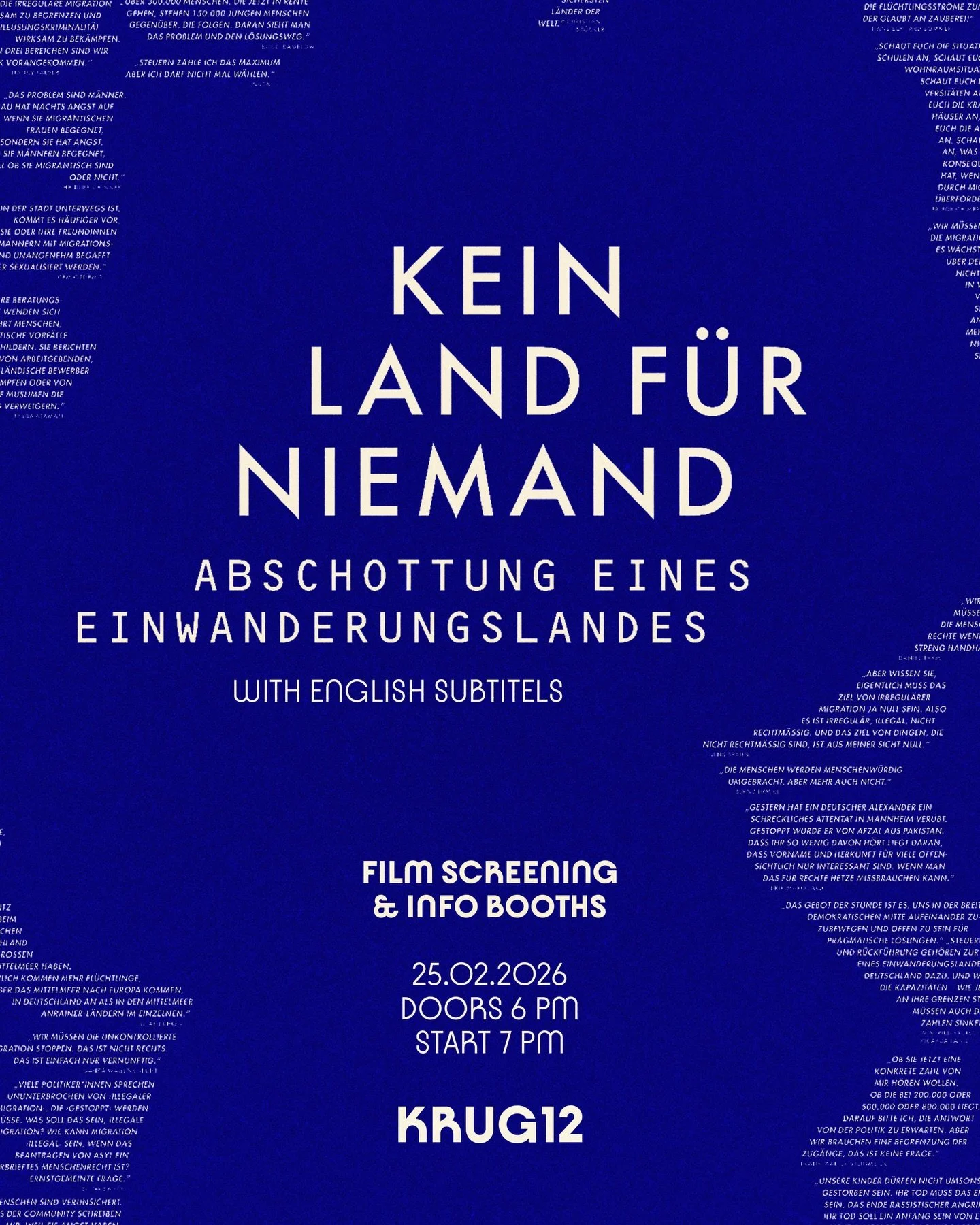 A special screening of Kein Land f&uuml;r Niemand is happening at KRUG12 and it is also our very first film screening in the space. We could not have chosen a more urgent film for this debut.

What is Kein Land f&uuml;r Niemand about?
The documentary