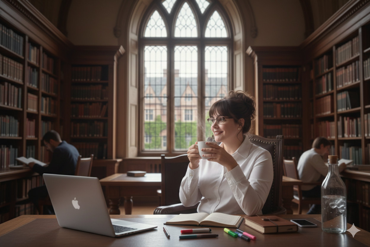Chrissy with glasses and a white shirt sitting at a desk in a library, drinking coffee, with an open notebook, pens, a closed book, a laptop, and a smartphone on the desk. Two men are reading books in the background.