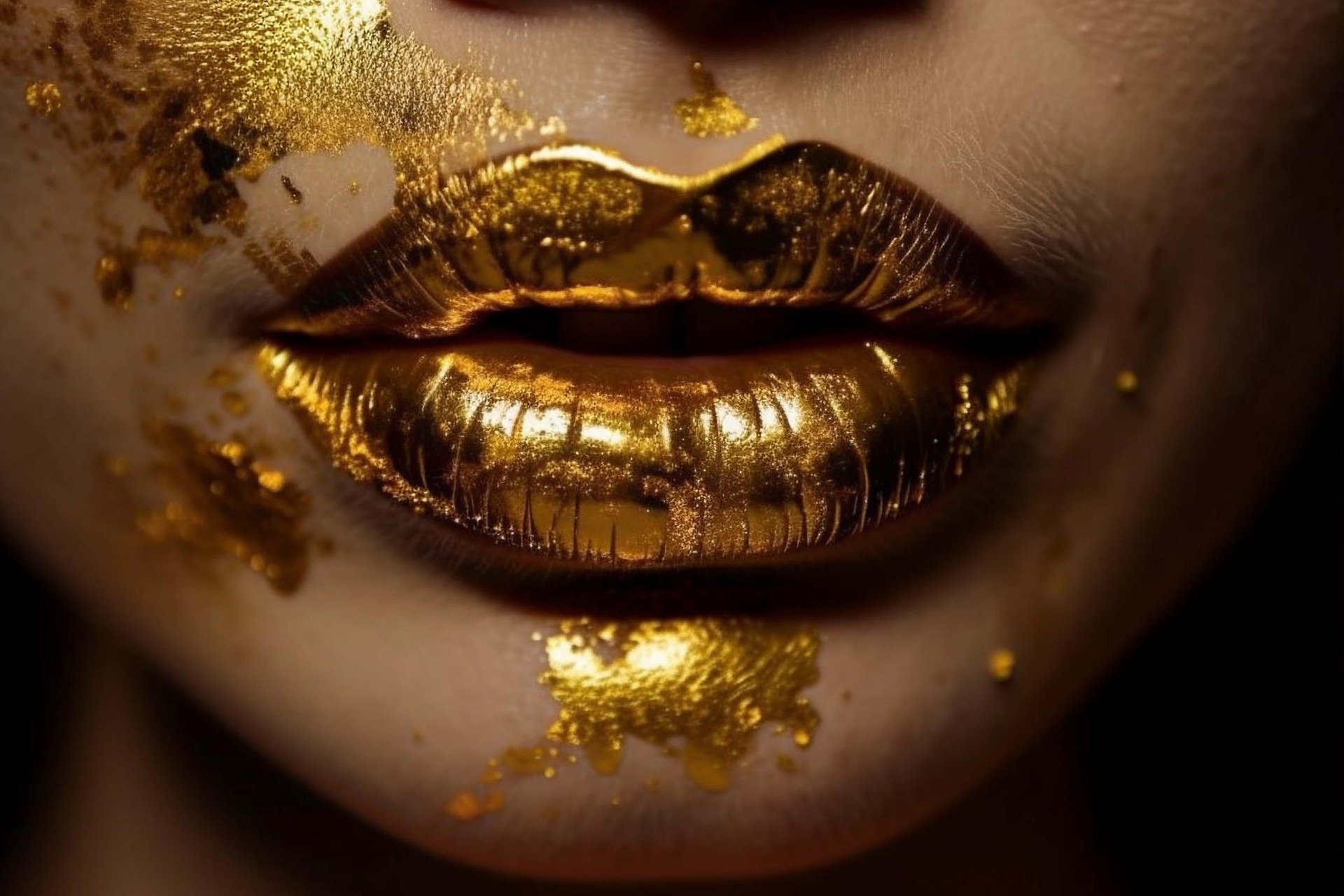 Close-up of lips with gold metallic lipstick and gold paint splatters around mouth area.