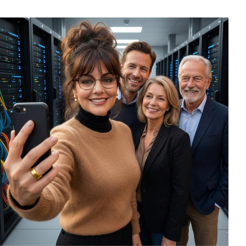 Five professionally dressed adults smiling for a selfie on a canal street with trees and bicycles in the background.