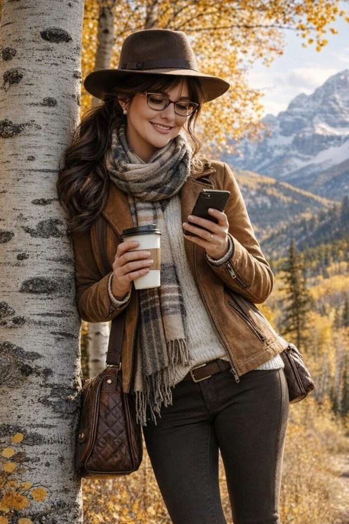Chrissy with glasses, a brown hat, and a brown jacket stands beside a tree in a forested area with mountains in the background, holding a coffee cup and looking at her phone.
