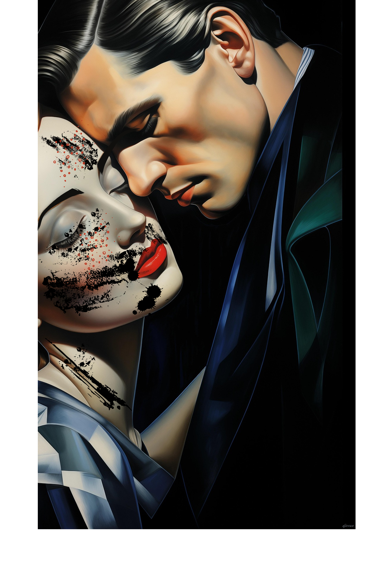 Digital artwork of a close-up of a man and woman with heads touching, eyes closed, with artistic splashes of black and red on the woman's face, conveying intimacy and emotion.