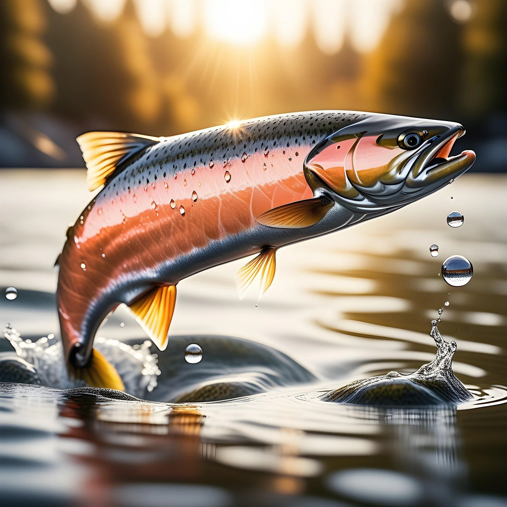 A detailed, realistic image of a fish jumping out of water at sunset, with water droplets around it and a blurred background.