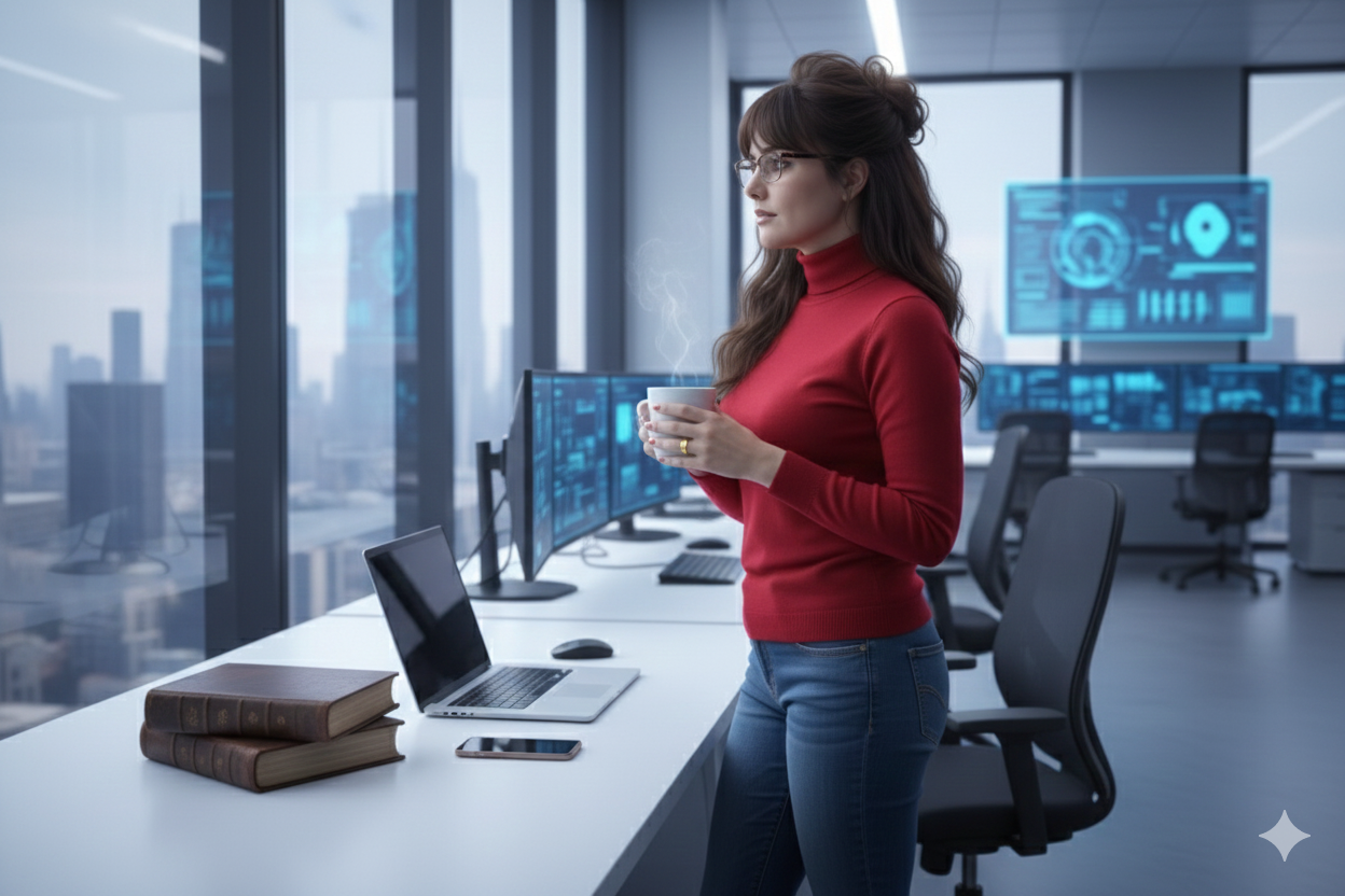 glasses and long brown hair, wearing a red turtleneck and jeans, stands at a modern office desk holding a steaming cup of coffee. The office features large windows, multiple computer monitors displaying blue data interfaces, a laptop, a smartphone, and a stack of books.