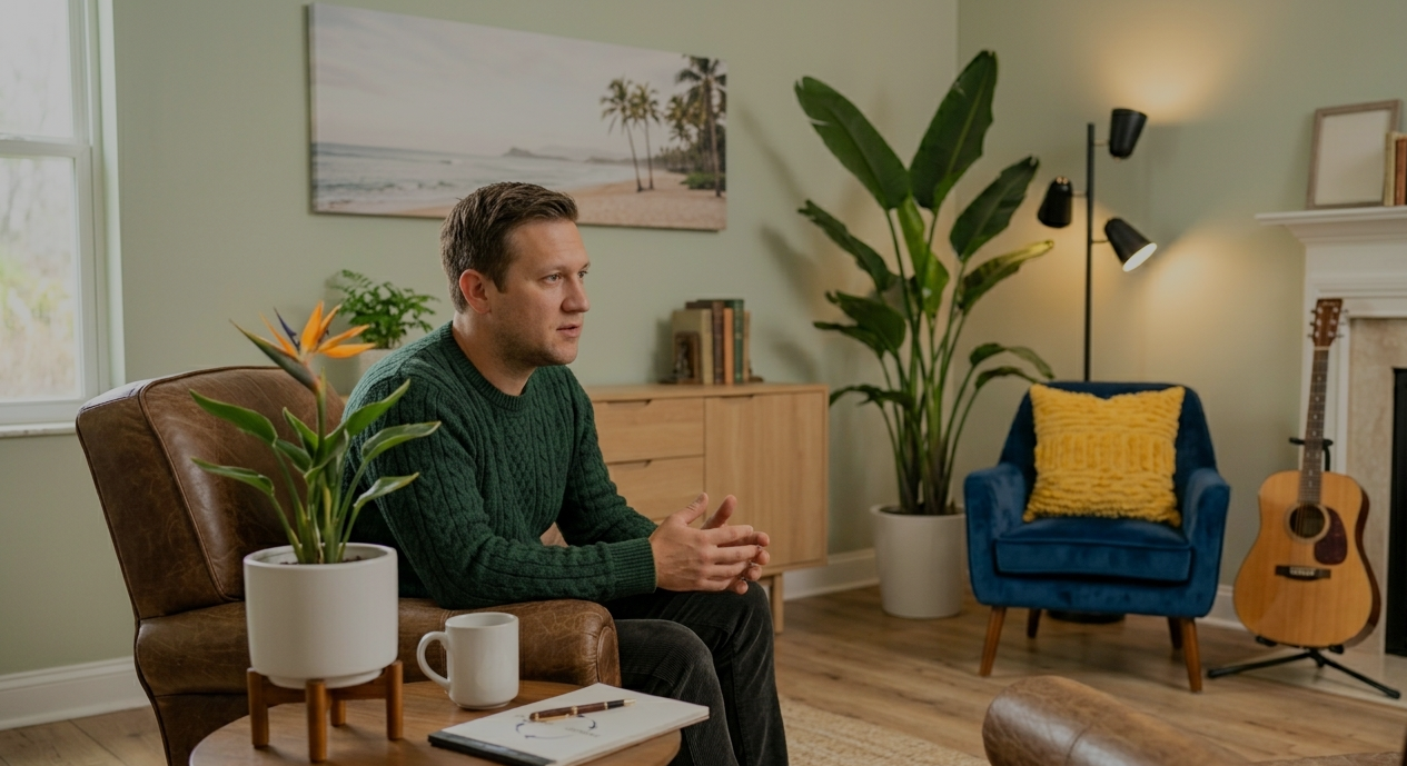 A man in a navy hoodie sitting and talking in a therapy session, with a glass of water and tissue box on a side table nearby.
