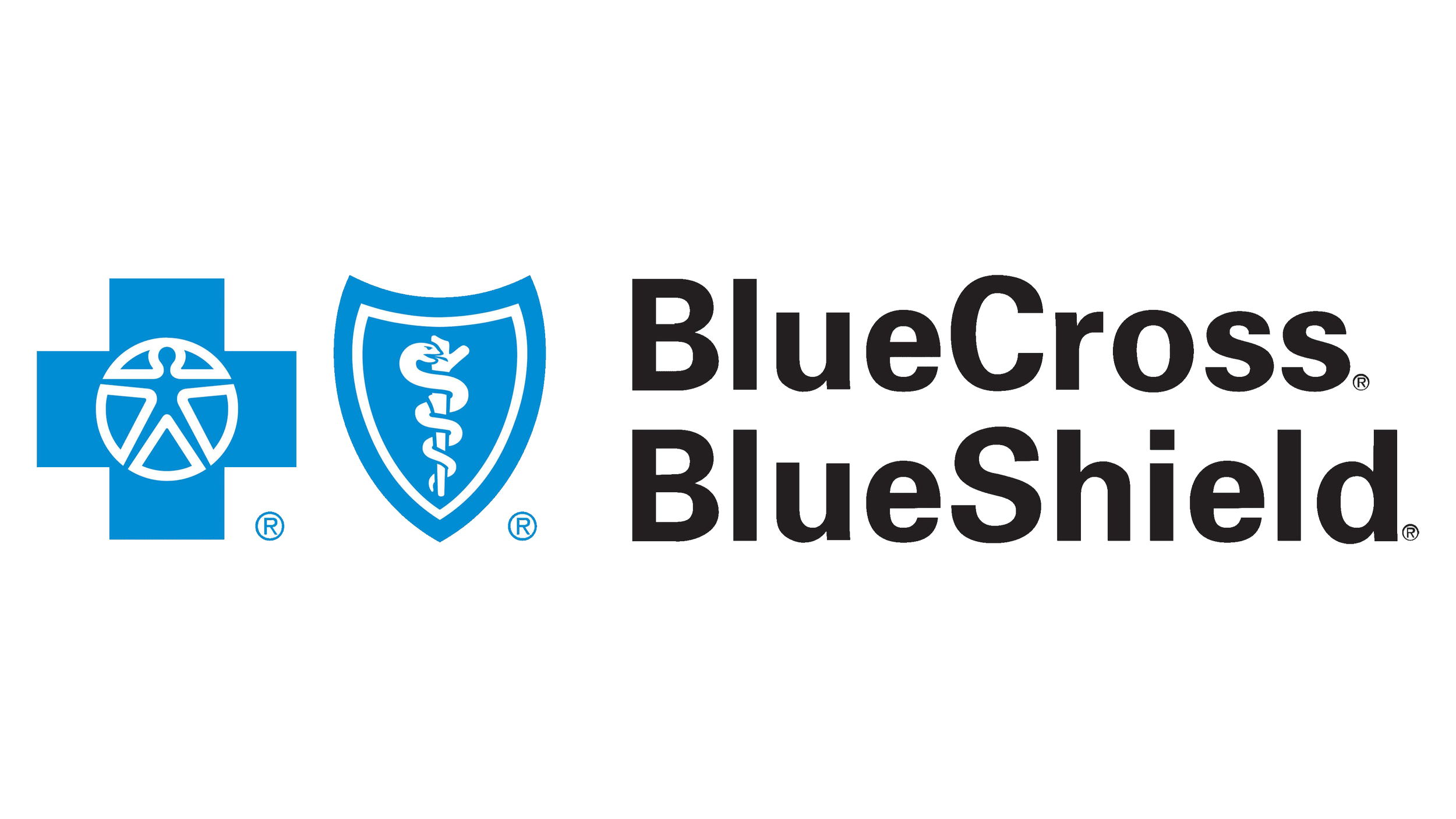Logos of Blue Cross, Blue Shield, and a medical cross symbol on a black background.