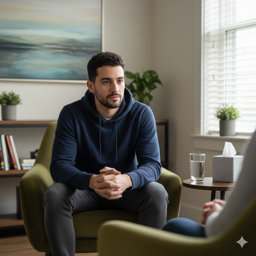 A man in a navy hoodie sitting and talking in a therapy session, with a glass of water and tissue box on a side table nearby.