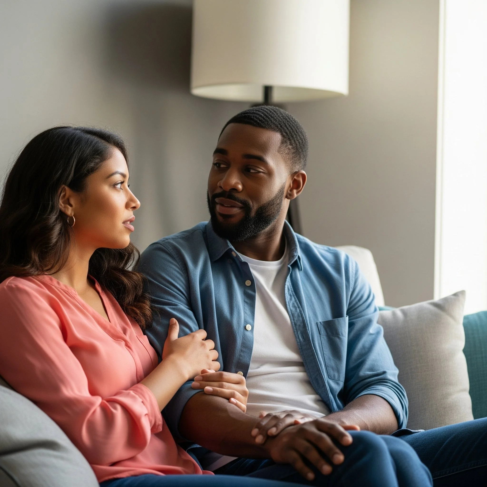 A man and woman sitting closely on a couch, gazing at each other, with the woman touching the man's arm in a living room with a lamp and window in the background.
