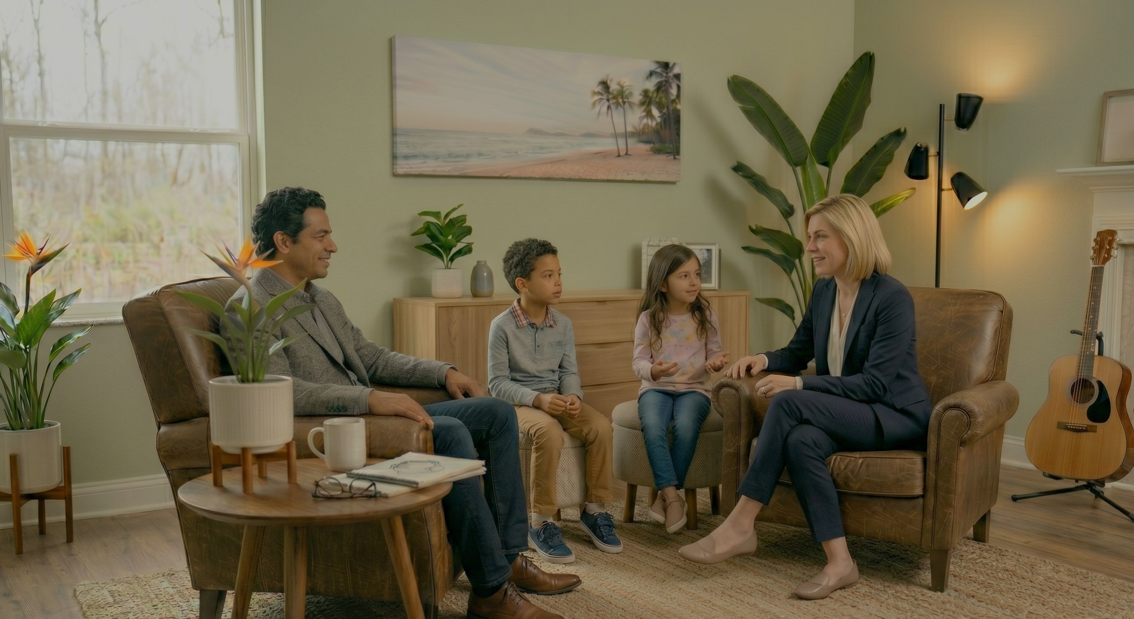 A group of four people sitting in a therapy session or support group, engaged in conversation in a cozy, well-lit office.