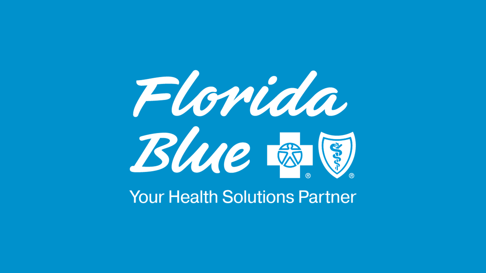 Florida Blue logo with health symbols and the slogan "Your Health Solutions Partner" on a blue background.