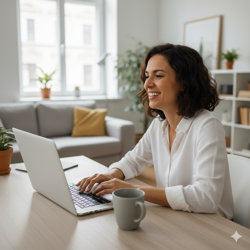 Smiling woman using a laptop in a bright, cozy home office with plants and books.