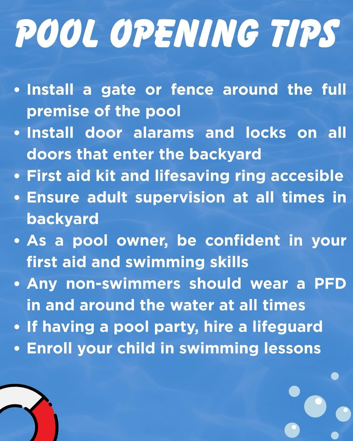 As we head into May long weekend and it being the most popular weekend to open your pool, please consider the tips above! 

Unfortunately drowning is the second greatest cause of accidental death in children and the most common place is backyard pool