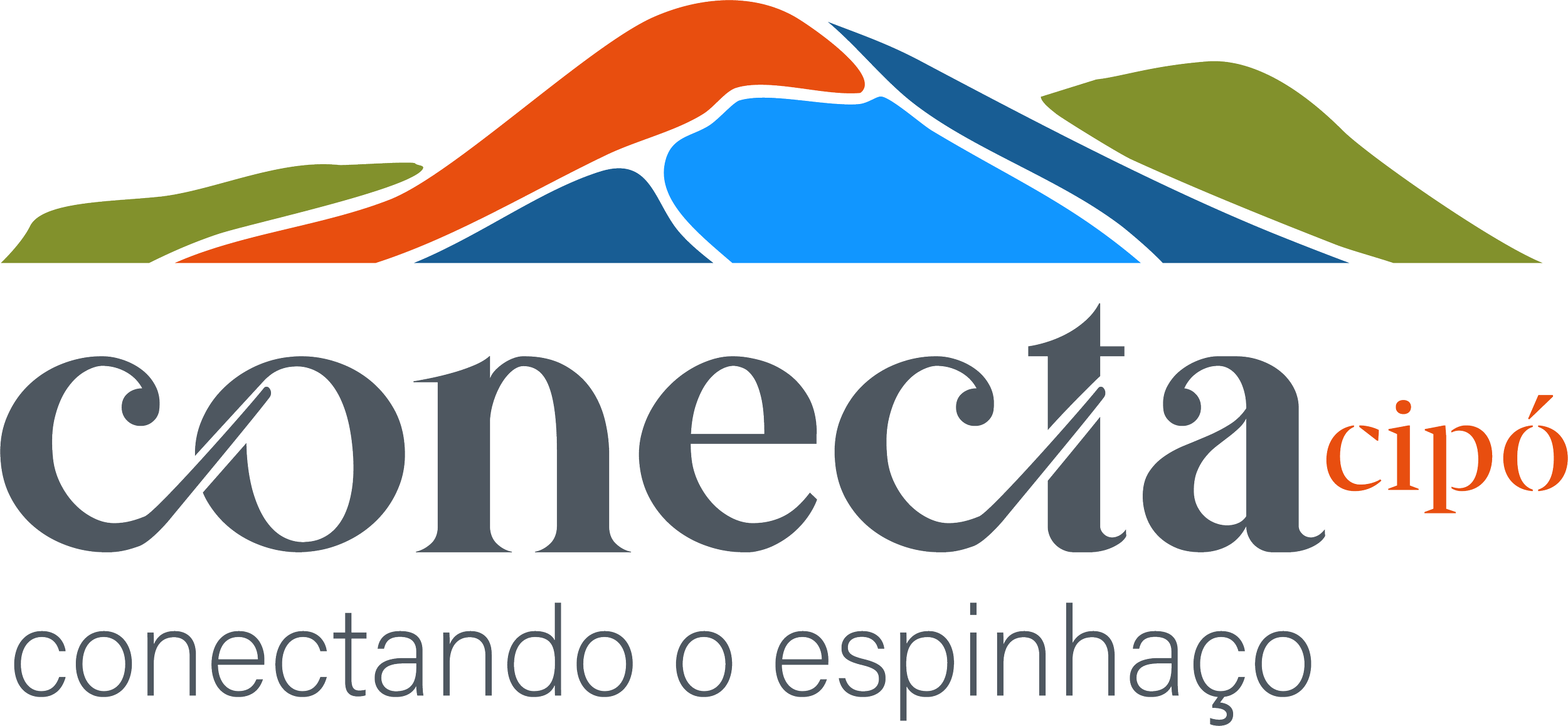 Logotipo do "Conecta Cipó" com ilustração de montanhas estilizadas em verde, laranja e azul, e texto "conectando o espinhaço" abaixo.