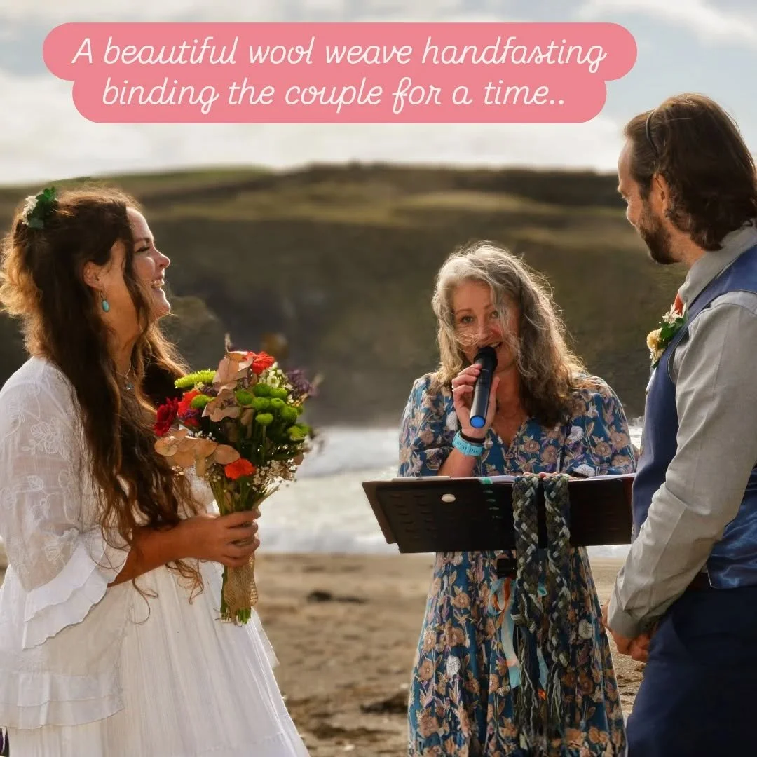 The sun shone amidst a whole week of rain; penny whistle music provided by loved ones, a beautiful wool weave handfasting; poems and readings; personally written vows; exchange of rings; jumping a ribboned broom; family and friends on beach chairs an