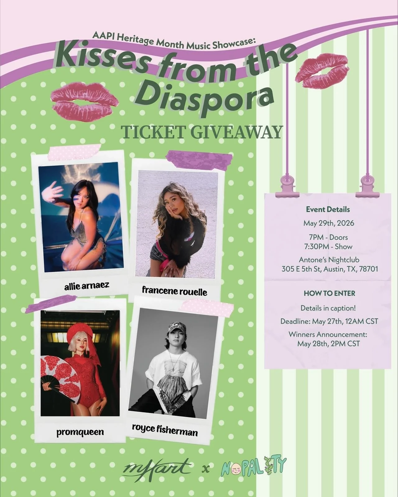 🌵NOPALS, we&rsquo;re giving away TWO PAIRS of GA tickets to @mhart.media &lsquo;s Kisses From the Diaspora Artist Showcase at Antone&rsquo;s Nightclub in Austin, TX! 🌵

❗️DEADLINE ❗️
Wednesday, May 20th at 11:59PM CST

To enter, follow giveaway rul