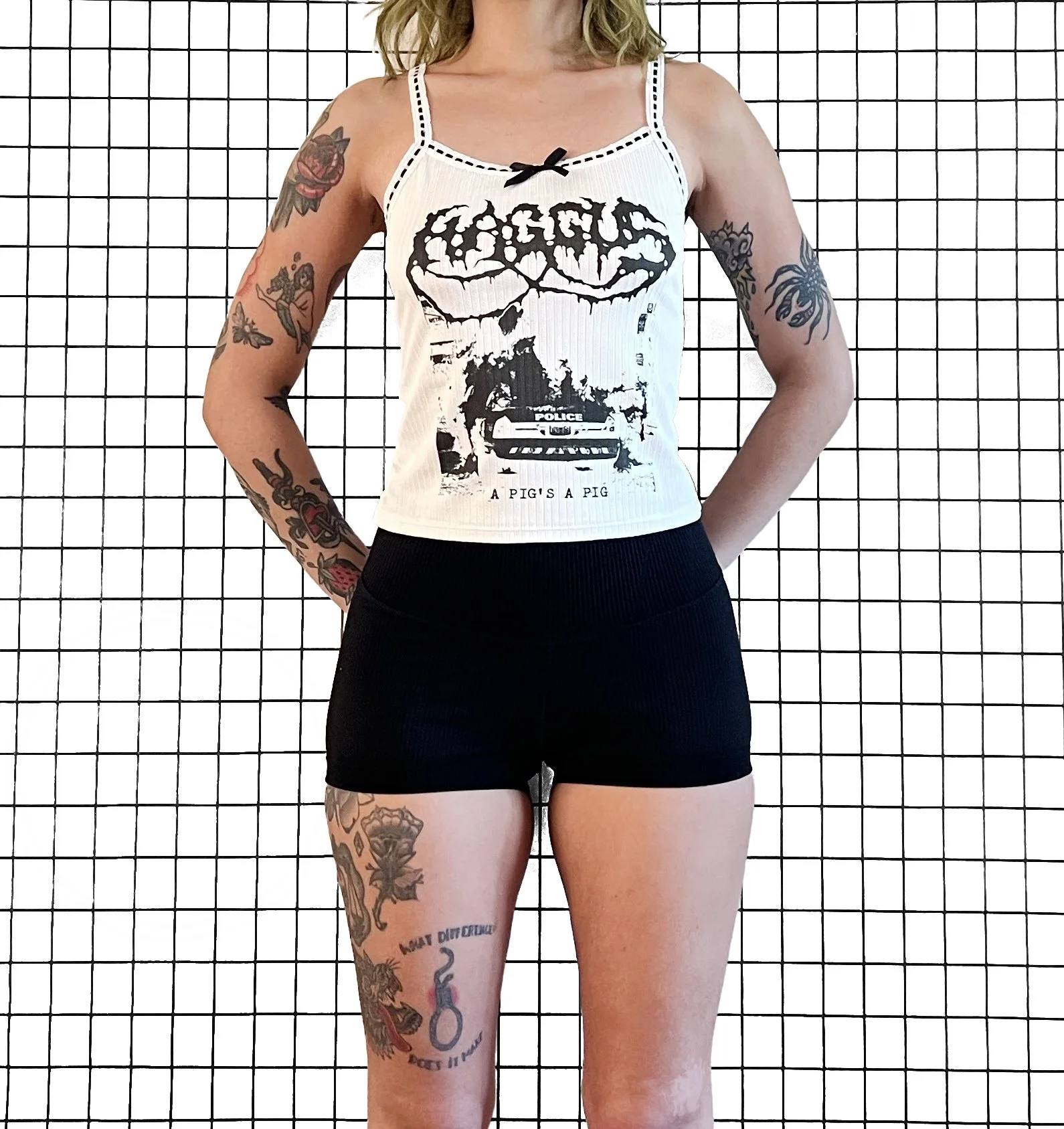 Haggus “A Pig’s A Pig” Lace-Trim Tank, size small