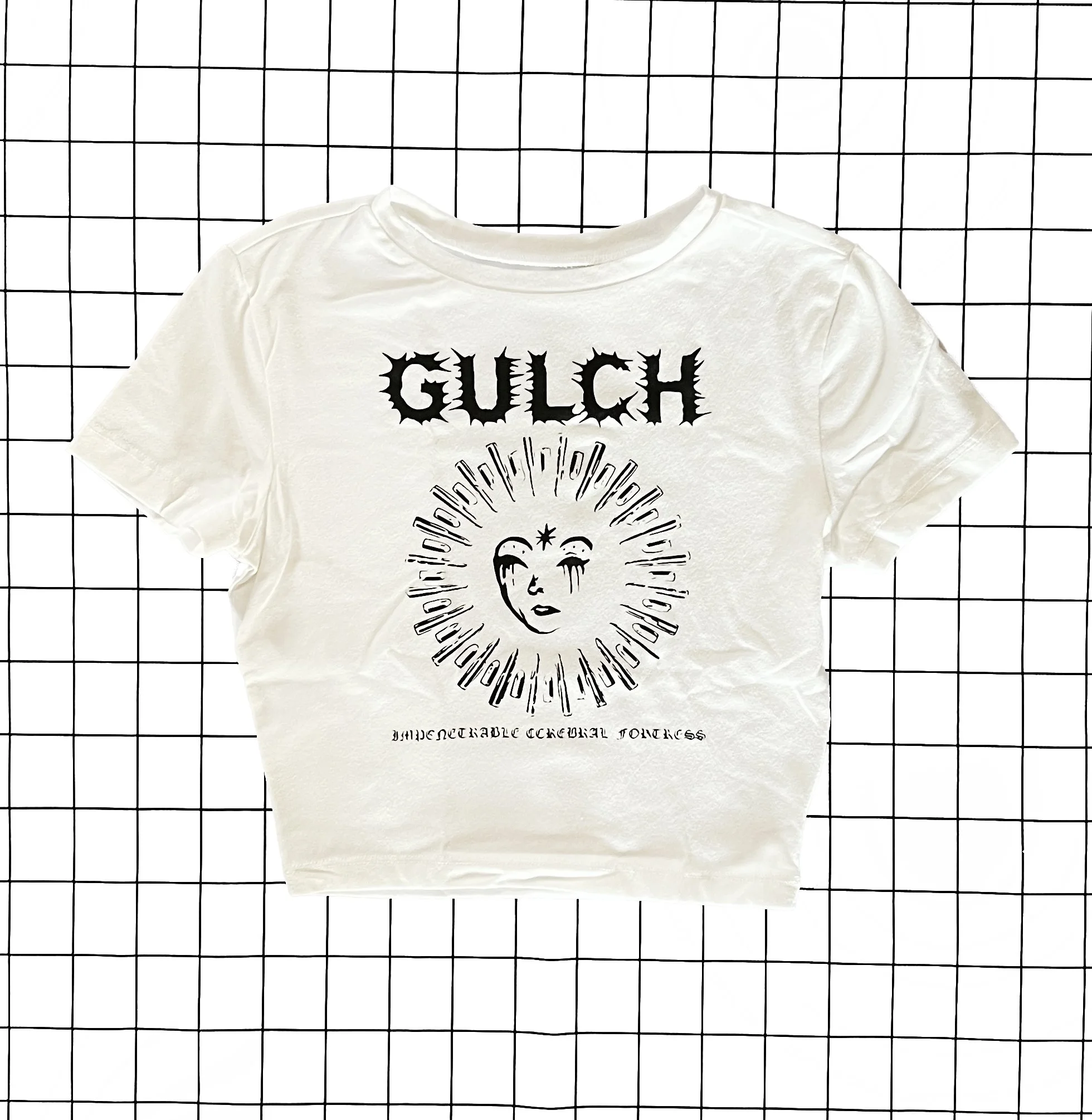 Gulch 'impenetrable cerebral fortress' Crop Top, size x-small