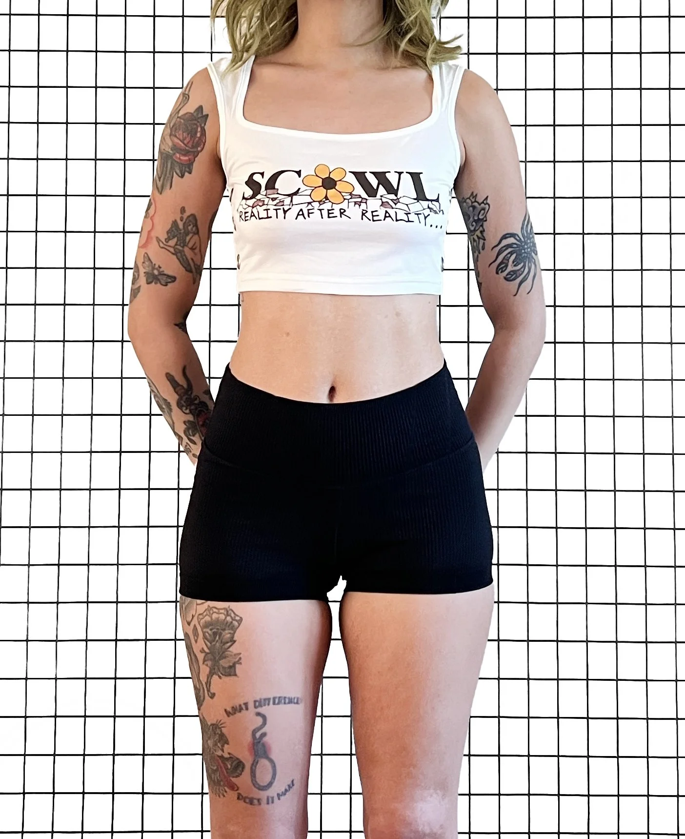 Scowl 'reality after reality' Grommet Muscle Crop Top, size small
