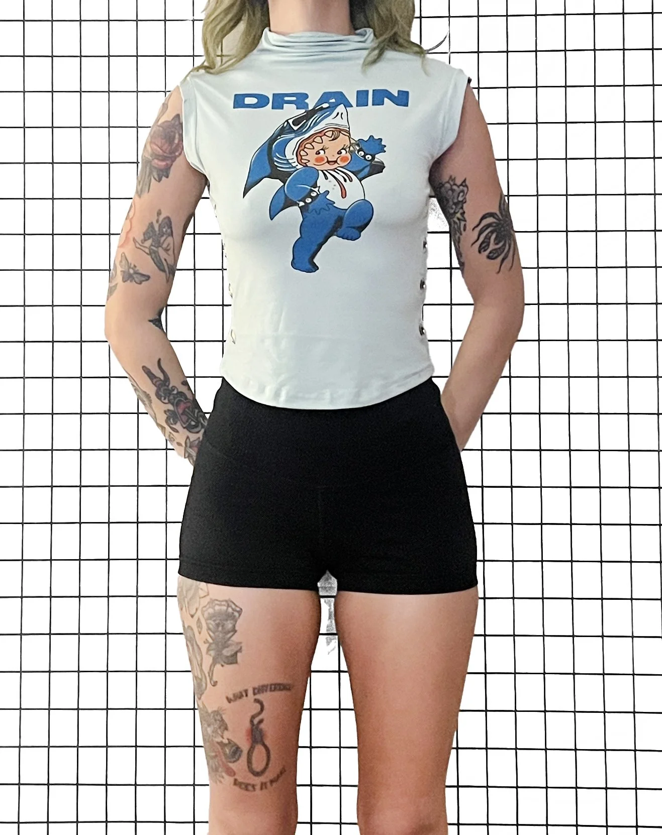 Drain Baby Shark Mock Neck Muscle Tank, size small